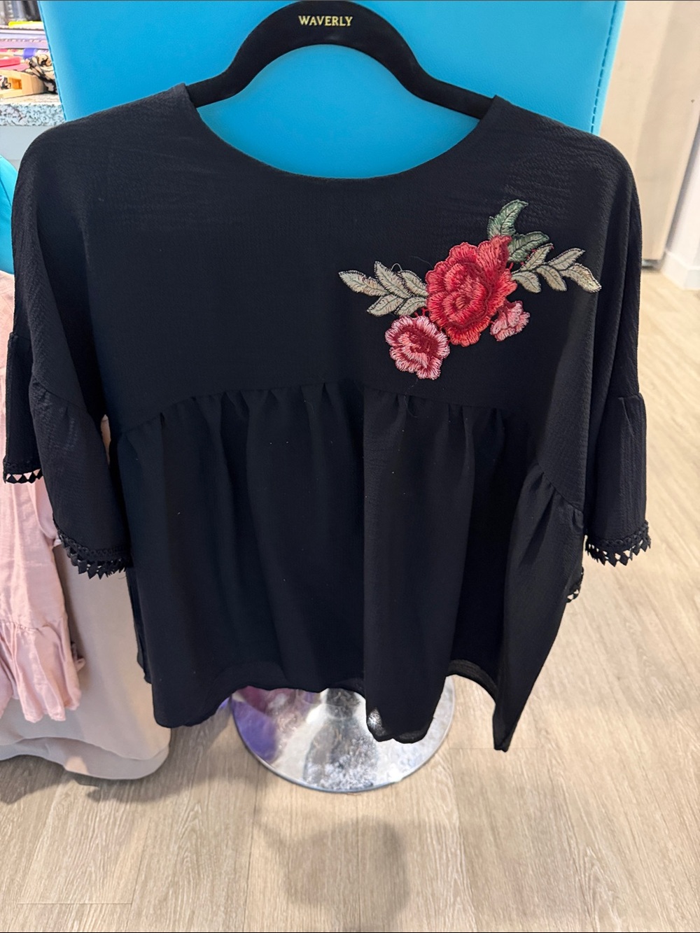 SHEIN Black Floral Embroidered Peasant Tunic